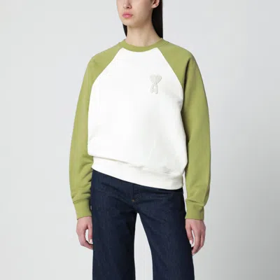 Ami Alexandre Mattiussi White And Green Cotton Knitted Ami De Coeur Sweatshirt White In Multi