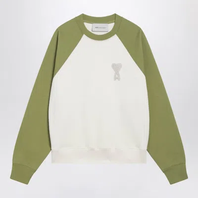 Ami Alexandre Mattiussi White And Green Cotton Knitted Ami De Coeur Sweatshirt White In Multi