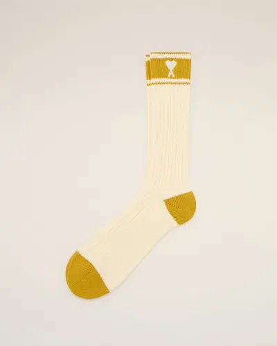 Ami Alexandre Mattiussi White Cotton Ami De Coeur Striped Socks White In White Cream/curry