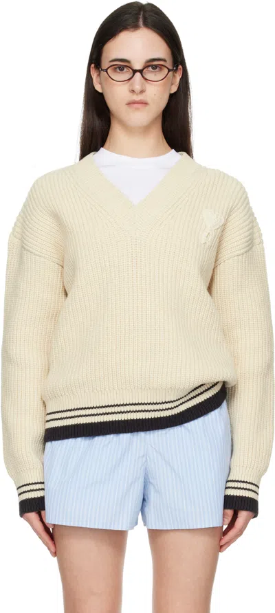 Ami Alexandre Mattiussi White Ribbed Wool V Neck Ami De Coeur Sweater In Neutral