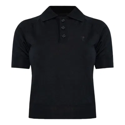 Ami Alexandre Mattiussi (wmns) Ami Tone-on-tone Heart Logo Merino Knit Wool Short Sleeve Polo 'black'