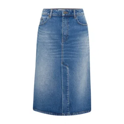 Ami Alexandre Mattiussi Women's Ami Paris Pencil Midi Skirt Blue Denim Straight Cut Coin Pocket Red1379