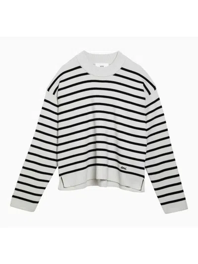 AMI ALEXANDRE MATTIUSSI WOMEN'S CHALK WHITE/BLACK STRIPED COTTON AND WOOL JUMPER SWEATER | SIZE SMALL | UKS036 COLOR KN0041