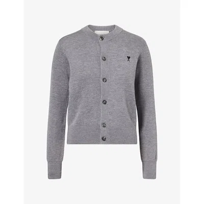 Ami Alexandre Mattiussi Womens Ami De Coeur Crew Neck Wool Knit Cardigan Gris Cendre Chine Noir In Gray