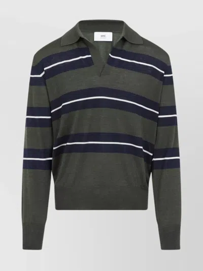 AMI ALEXANDRE MATTIUSSI WOOL AND SILK STRIPED POLO SWEATER
