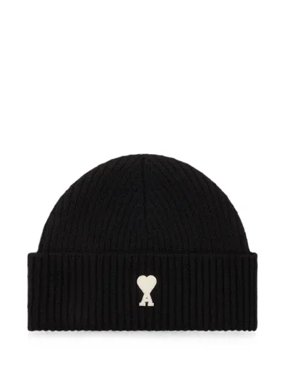 Ami Alexandre Mattiussi Wool Beanie With Ami De Coeur In Black