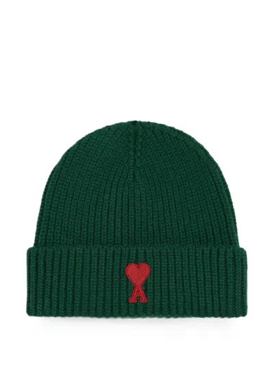 Ami Alexandre Mattiussi Kids' Wool Beanie With Ami De Coeur In Green