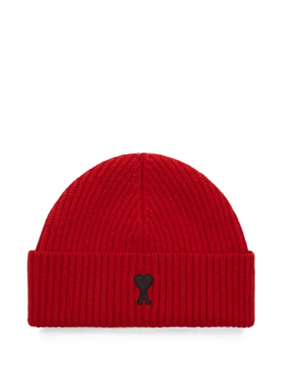 Ami Alexandre Mattiussi Wool Beanie With Ami De Coeur In Red