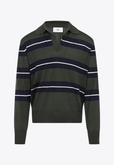 AMI ALEXANDRE MATTIUSSI WOOL-BLEND LONG-SLEEVED POLO SWEATER