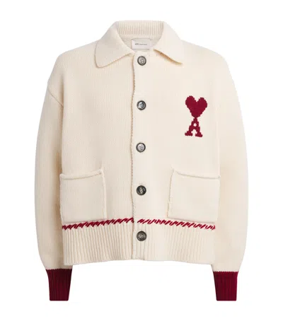 Ami Alexandre Mattiussi Wool-blend Whipstitch Polo Cardigan In Neutral