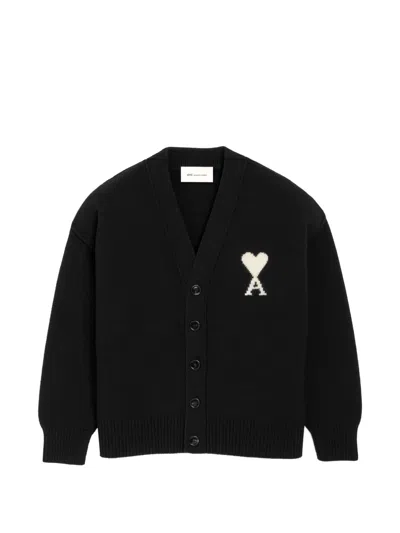 Ami Alexandre Mattiussi Wool Cardigan With Ami De Coeur In Black