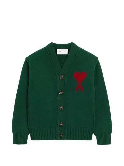 Ami Alexandre Mattiussi Kids' Wool Cardigan With Ami De Coeur In Green