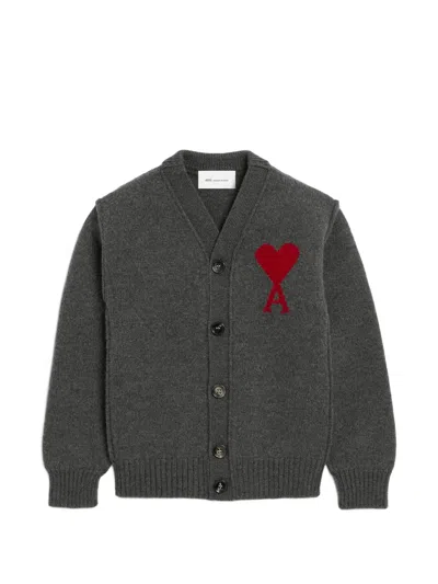 Ami Alexandre Mattiussi Kids' Wool Cardigan With Ami De Coeur In Gray