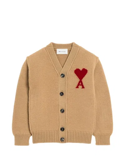 Ami Alexandre Mattiussi Kids' Wool Cardigan With Ami De Coeur In Neutral