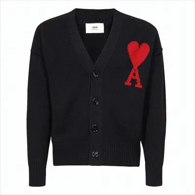 Ami Alexandre Mattiussi Wool Cardigan With Deep V-neckline And Heart Motif In Black