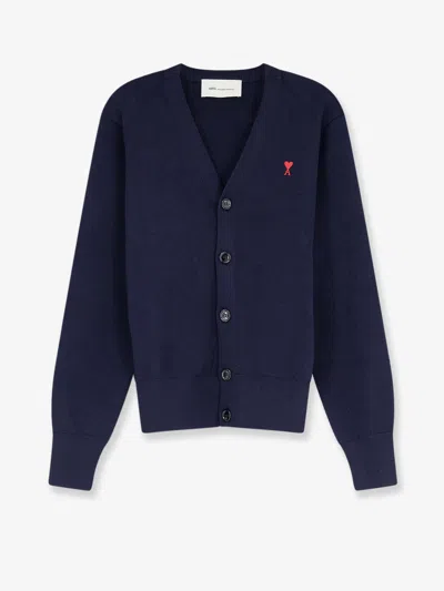 Ami Alexandre Mattiussi Wool Cardigan With Iconic Embroidery In Blue