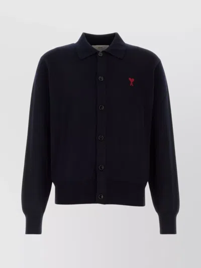 Ami Alexandre Mattiussi Wool Cardigan With Ribbed Cuffs And Hem In Blue