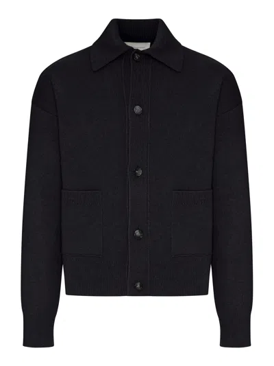 Ami Alexandre Mattiussi Wool Cardigan With Shirt Collar In Black