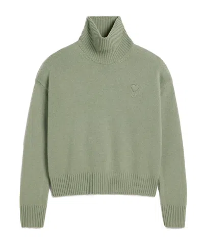 Ami Alexandre Mattiussi Wool Cashmere Funnel Neck Sweater In Green