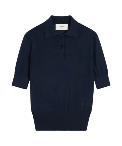 AMI ALEXANDRE MATTIUSSI AMI PARIS AMI DE COEUR FINE KNIT POLO TOP