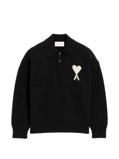 Ami Alexandre Mattiussi Wool Polo With Ami De Coeur In Black