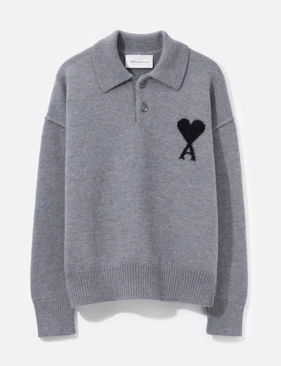 Ami Alexandre Mattiussi Wool Polo With Ami De Coeur In Gray