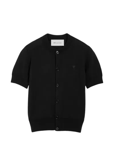 Ami Alexandre Mattiussi Black Wool Short-sleeve Cardigan With Ami De Coeur Black