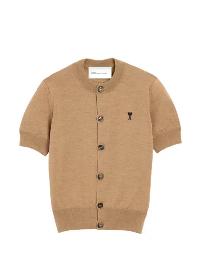 Ami Alexandre Mattiussi Wool Short-sleeve Cardigan With Ami De Coeur In Neutral