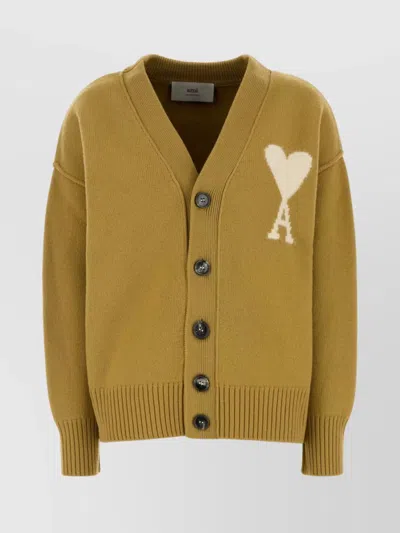 Ami Alexandre Mattiussi Wool V-neck Cardigan With Ribbed Cuffs And Hem In Green