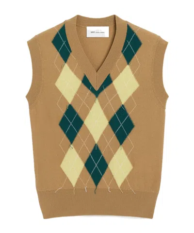 Ami Alexandre Mattiussi Brown Wool And Cotton Argyle Intarsia Sleeveless Sweater Beige