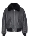 Ami Alexandre Mattiussi Leather Bomber Jacket Shearling Collar In Gray
