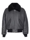 Ami Alexandre Mattiussi Leather Bomber Jacket Shearling Collar In Gray