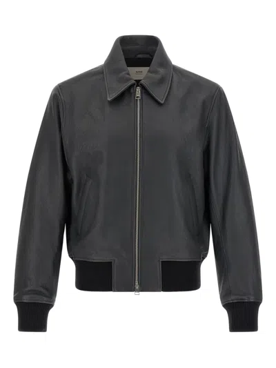 Ami Alexandre Mattiussi Mens Anthracite Regular-fit Spread-collar Leather Jacket In Gray
