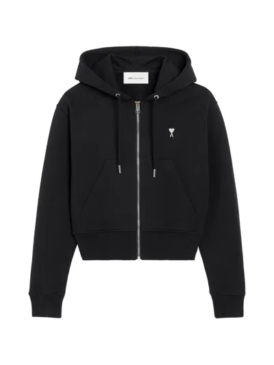 Ami Alexandre Mattiussi Zipped Cotton Hoodie With Ami De Coeur In Black
