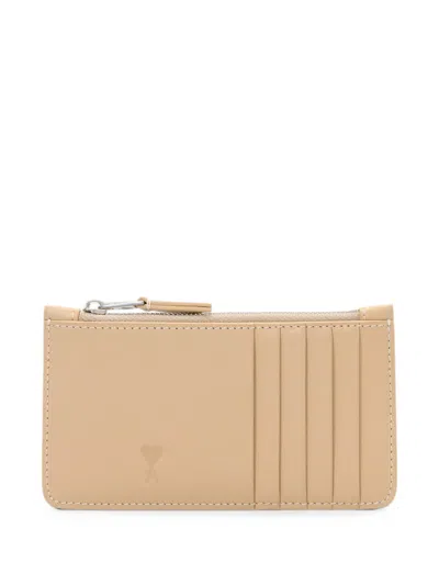 Ami Alexandre Mattiussi Zipped Cowhide Leather Card Holder With Ami De Coeur In Neutral