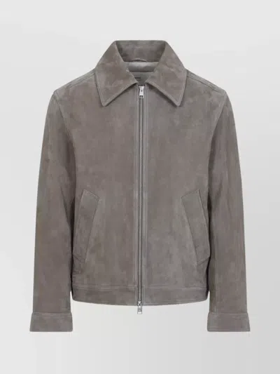 Ami Alexandre Mattiussi Zippered Suede Leather Jacket With Front Pockets In Grey