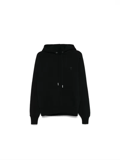 Ami Alexandre Mattiussi Heart Logo Embroidered Cotton Hoodie In Black