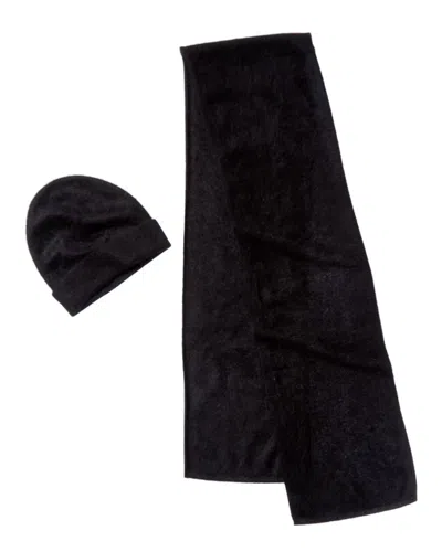 Amicale Cashmere Brushed Cashmere Hat & Scarf Set In Black