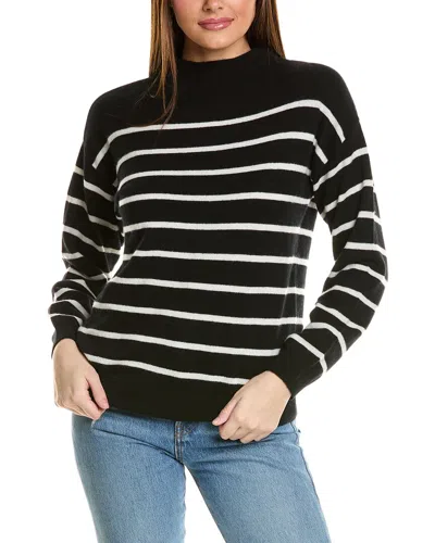 Amicale Cashmere Jersey Striped Funnel Neck Cashmere Sweater In Black