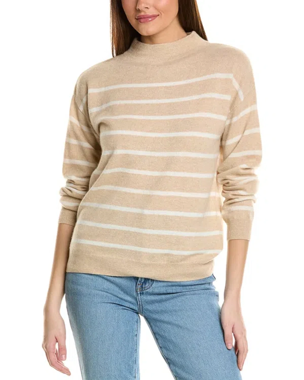 Amicale Cashmere Jersey Striped Funnel Neck Cashmere Sweater In