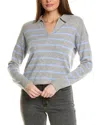 Amicale Cashmere Striped V-neck Johnny Collar Cashmere Sweater In Grey