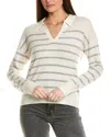 Amicale Cashmere Striped V-neck Johnny Collar Cashmere Sweater In White