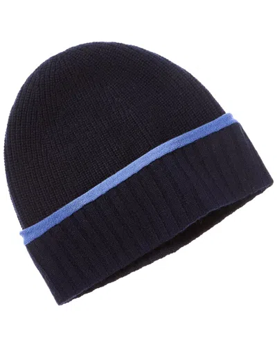 Amicale Cashmere Tipped Cuff Ribbed Cashmere Beanie In Blue