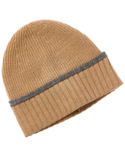 Amicale Cashmere Tipped Cuff Ribbed Cashmere Beanie In Brown
