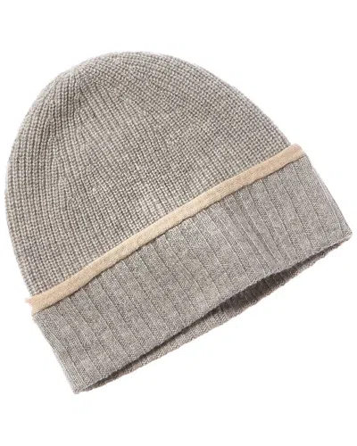 Amicale Cashmere Tipped Cuff Ribbed Cashmere Beanie In Grey