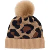 Amicale Cheetah Print Cashmere Beanie With Faux Fur Pom In Brown