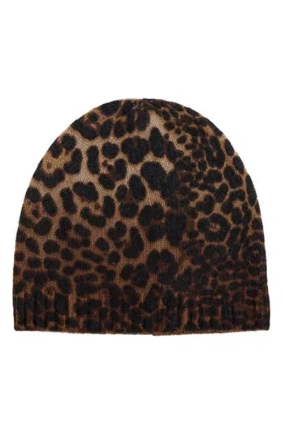 Amicale Cheetah Print Cashmere Knit Beanie In Brown