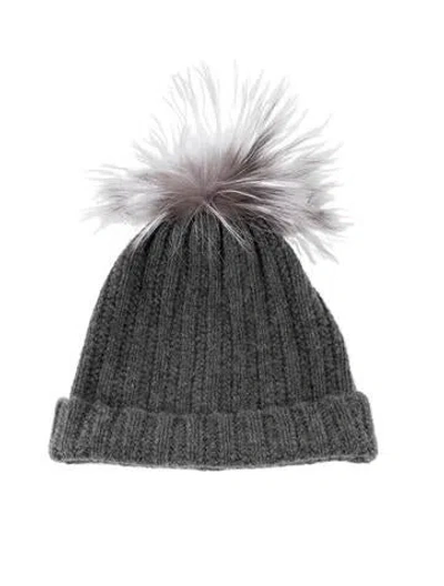 Pre-owned Amicale Grey Cashmere With Fox Fur Pom Pom Beanie