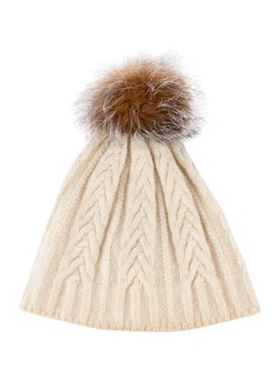 Pre-owned Amicale Neutral With Fox Fur Pom Pom Cashmere Beanie In Neutrals