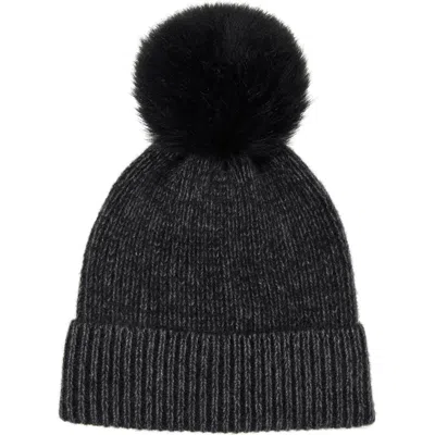 Amicale Two-tone Rib Knit Beanie With Genuine Shearling Pom In Black/black
